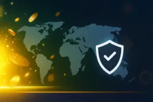 Latar belakang hero section dengan peta dunia dan ikon perisai, mewakili akses aman ke M88 Indonesia