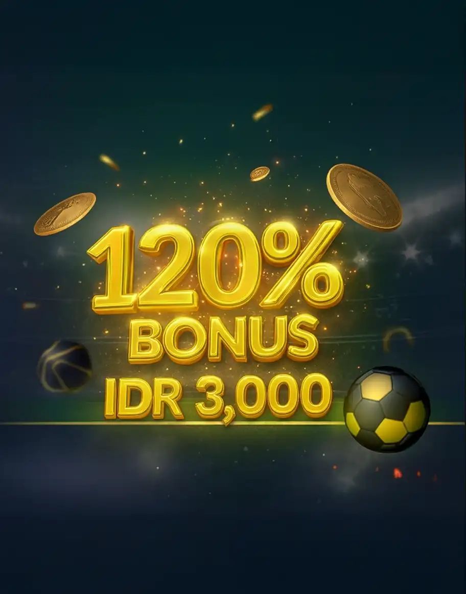 Ilustrasi bonus olahraga dengan pemain sepak bola, koin emas, dan teks 120% Bonus IDR 3.000 di latar stadion.
